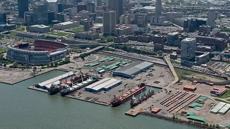 The image shows an overhead shot of the US Port of Cleveland
