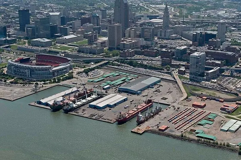 The image shows an overhead shot of the US Port of Cleveland