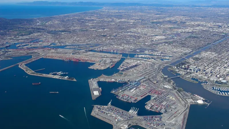 Pictured is an aerial short of the Port of Long Beach