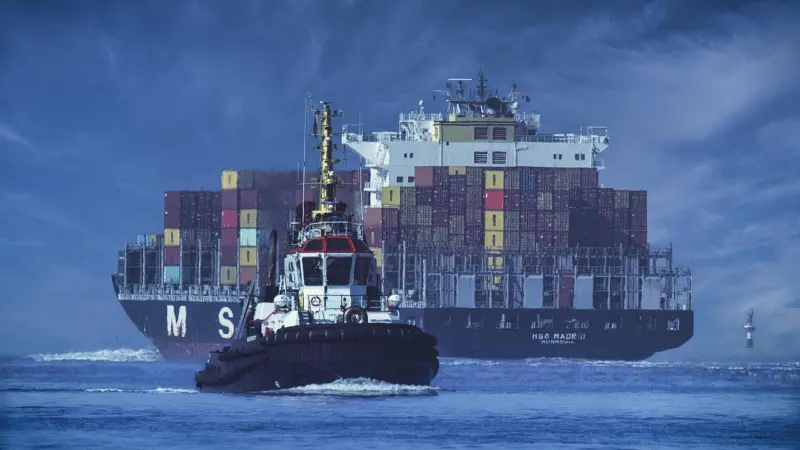 The image shows a container ship in the background with a tug in the foreground