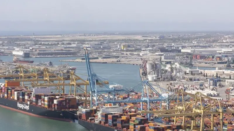 aerial shot of the Port of Barcelona showing two containers ships