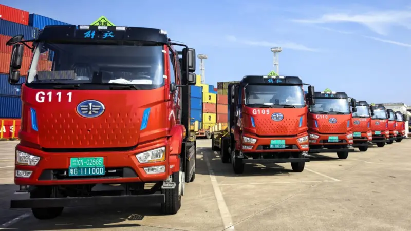 The pictures shows the electric in-yard tractor fleet at DaChan Bay Terminals