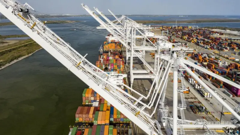 A shot of port cranes on the quayside at Port Houston