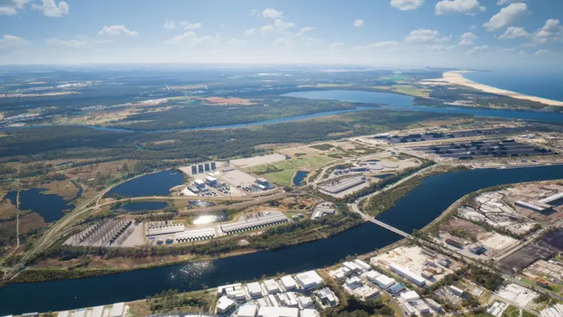 The image shows an aerial shot of Australia's Port of Newcastle