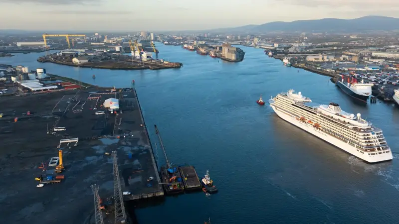 The image shows an aerial shot of Belfast Harbour
