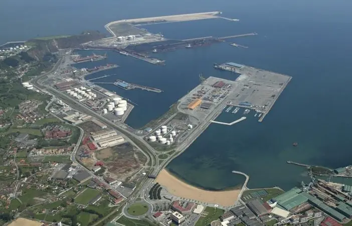The image shows an aerial shot of the Port of Gijón