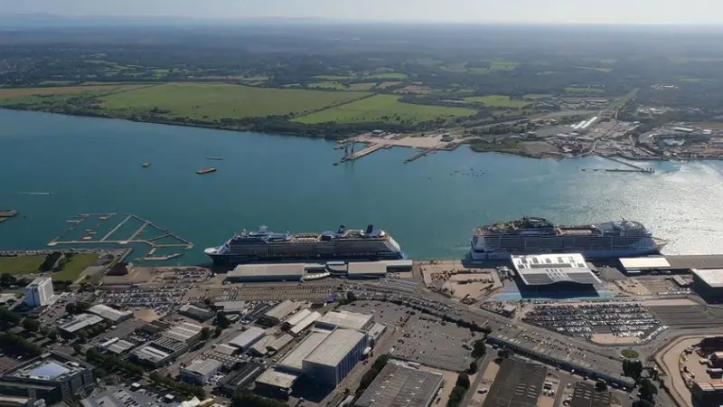 The image shows the Marchwood area, including Marchwood Industrial Park and ABP Solent Gateway from the perspective of Southampton