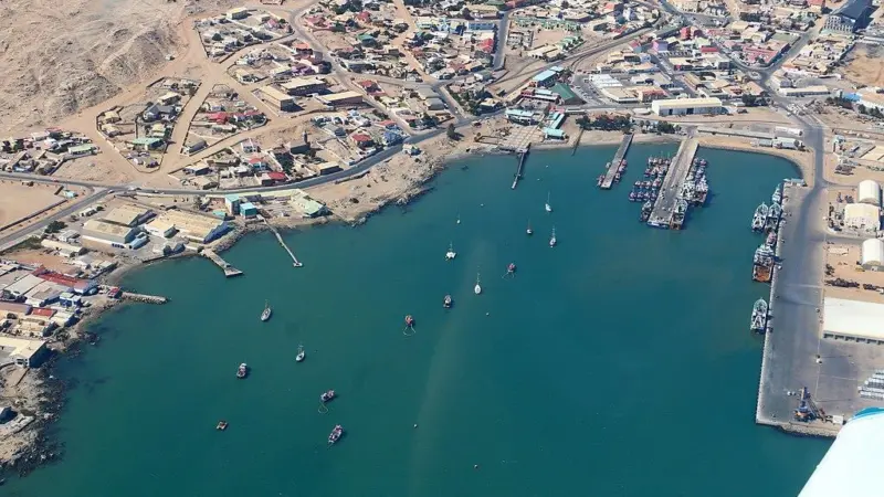 The image shows an aerial shot of Port of Lüderitz