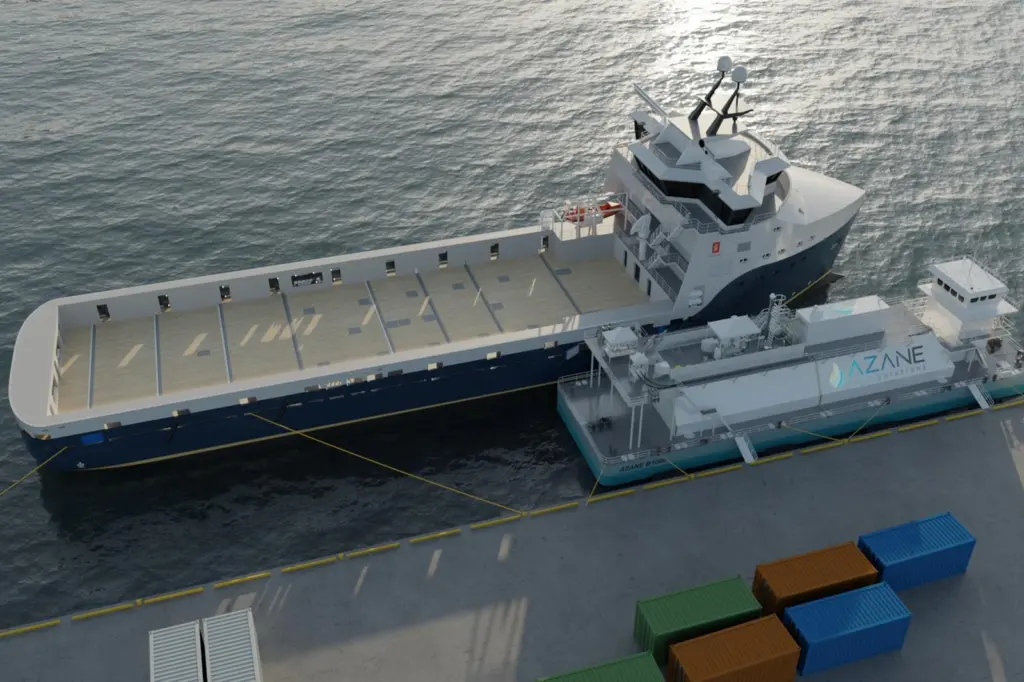 A render of an Azane terminal barge bunkering a ship with ammonia