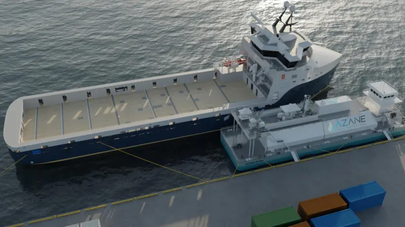 A render of an Azane terminal barge bunkering a ship with ammonia