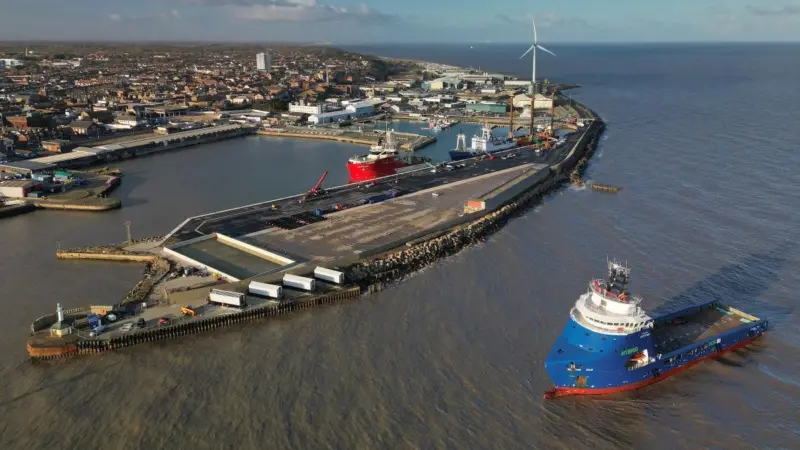 The image shows an overhead image of the Port of Lowestoft