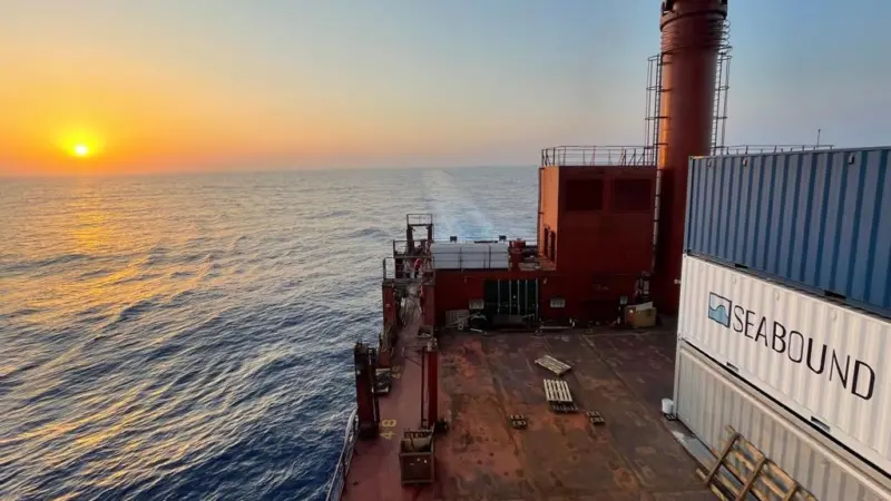 A picture of the Seabound Containers onboard the ship during Pilot 1 sea trials
