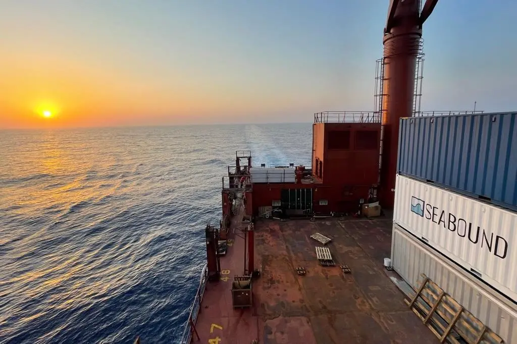 A picture of the Seabound Containers onboard the ship during Pilot 1 sea trials
