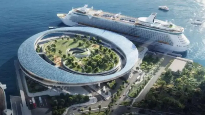 The image shows an aerial shot of the Port of LA cruise facilities