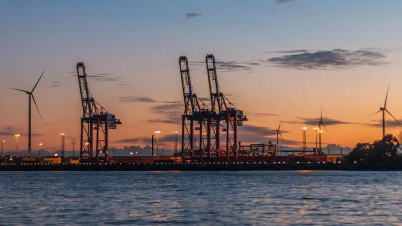 View of the Port of Hamburg at dusk from the Elbe