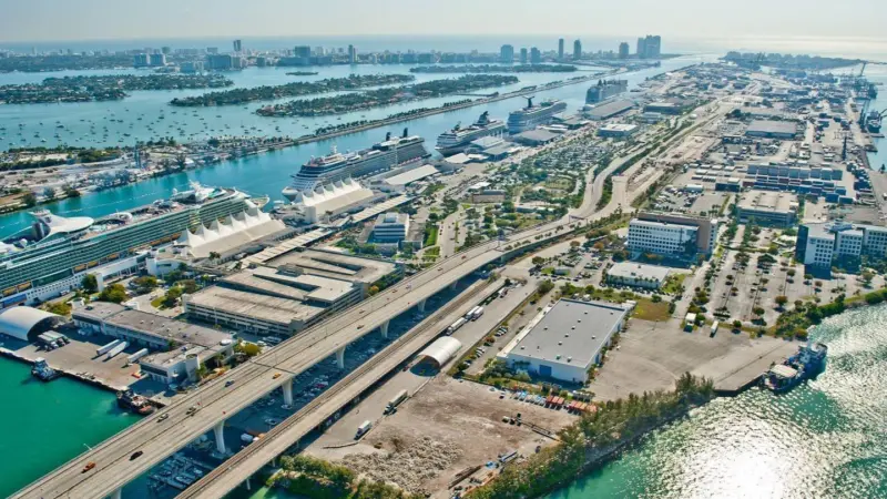 An aerial shot of PortMiami