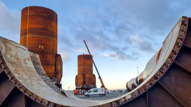 The delivery of foundations at the Port of Leith by Aventus Energy for Inch Cape Offshore