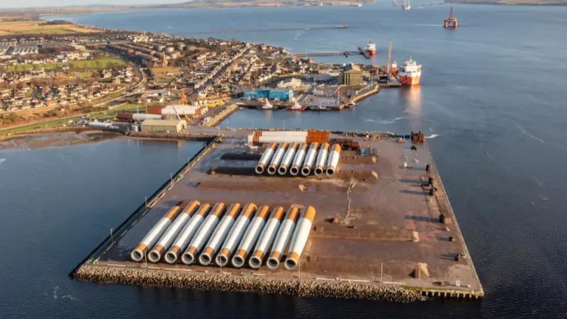 A shot of offshore wind turbine components on the quayside at Cromarty Firth