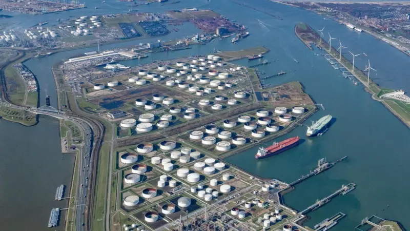 An overhead shot of the Port of Rotterdam