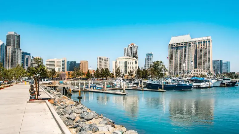 A picture of fishing vessels at Tuna Harbor at the Port of San Diego