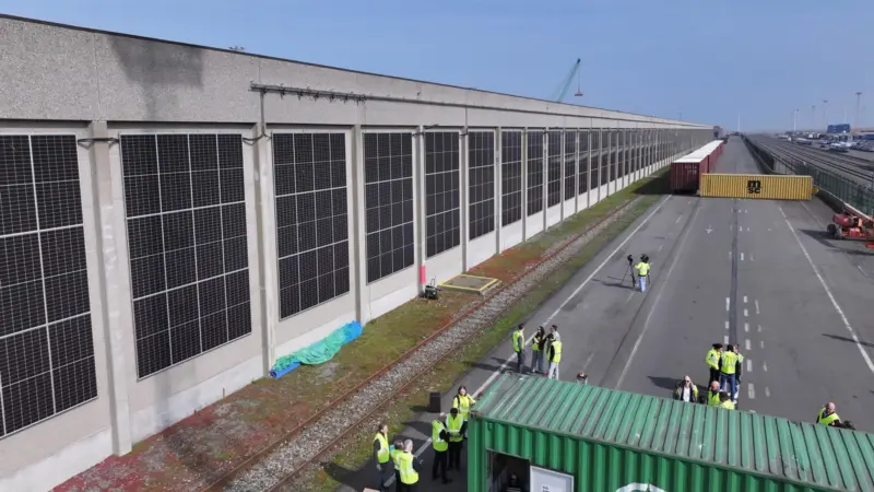A picture of the vertical solar panels at PSA Zeebrugge