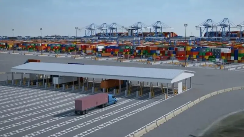 A truck approaching the semi-automated operation at the Port of Virginia