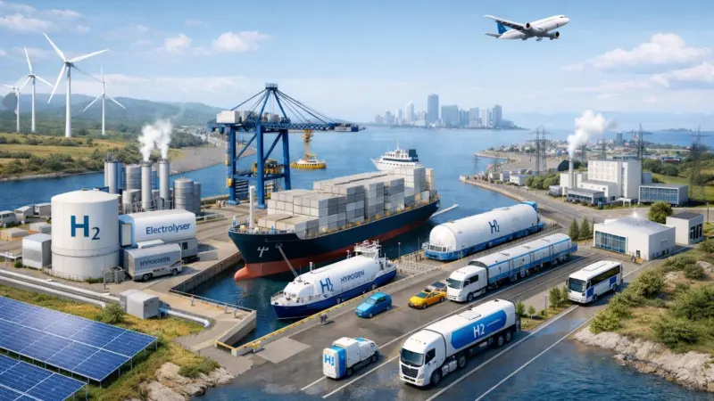 An AI generated image of the whole Hydrogen value chain, including ports