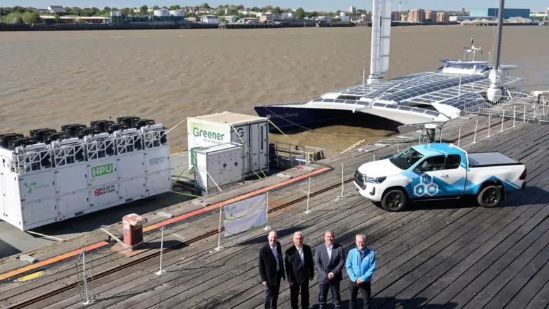L/R Andrew Cunningham (GeoPura), Andy Darlington (Port of Tilbury), David Housden (Port of Tilbury) and Jon Hunt (Toyota TGB) at the hydrogen showcase event hosted by the Port of Tilbury
