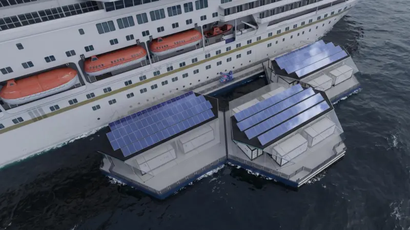A picture of the Hydrogen Floating Power Hub on the Thames at Greenwich