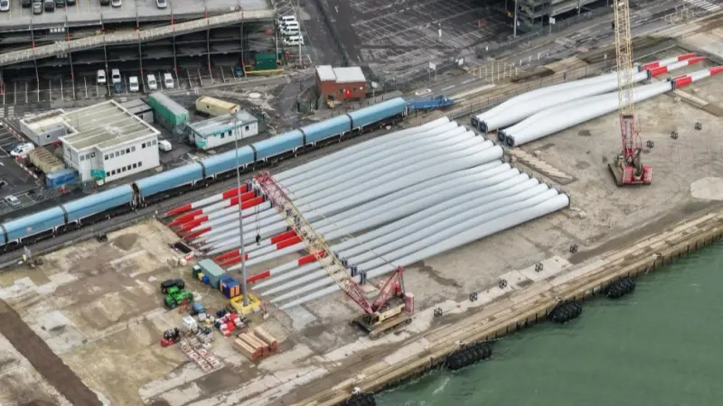 A quayside shot of the wind turbine blades at the port