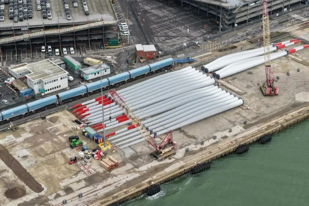 A quayside shot of the wind turbine blades at the port