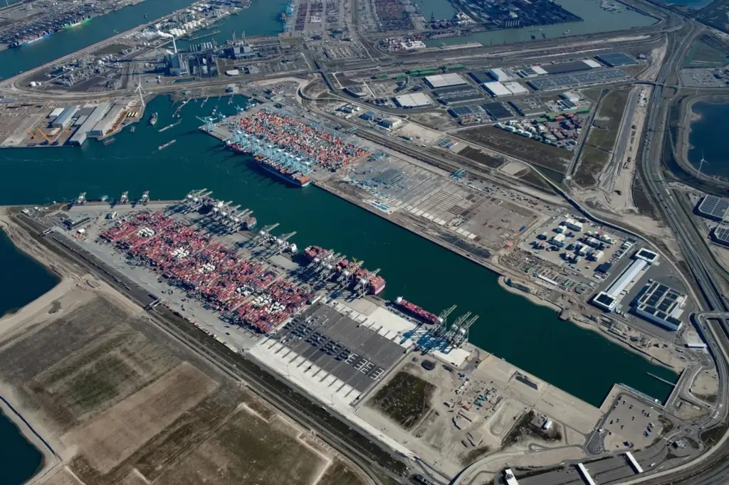 An overhead photograph of the Port of Rotterdam