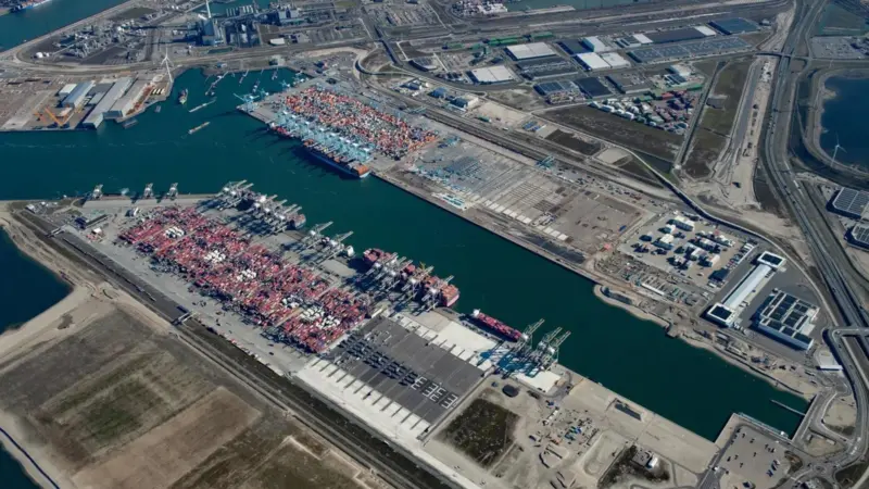 An overhead photograph of the Port of Rotterdam