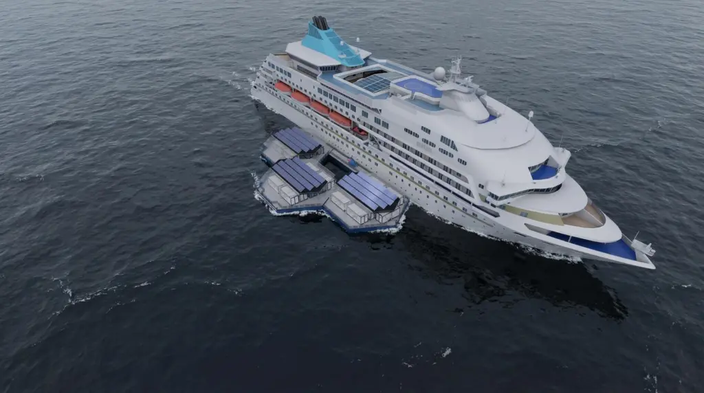 Render of hydrogen floating hubs refuelling a ship