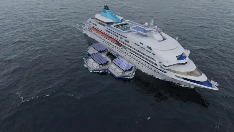 Render of hydrogen floating hubs refuelling a ship