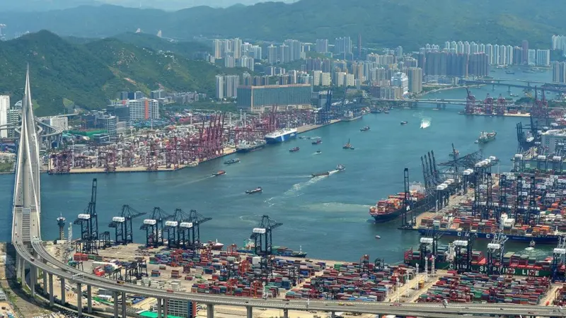 An aerial shot of the Port of Hong Kong