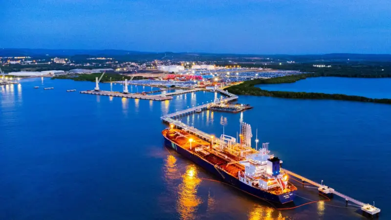 Puerto Bahía’s LNG import terminal in Cartagena Bay, Colombia by night