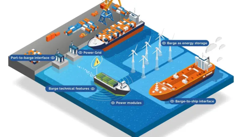 An infographic detailing how the “BlueBARGE” interface works in port