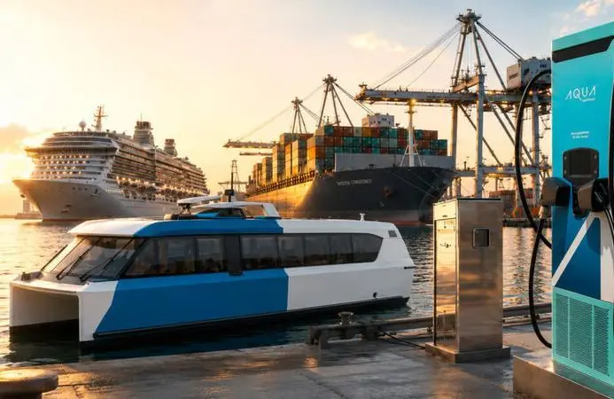 An AI assisted image of an Aqua superPower charge station on the quayside