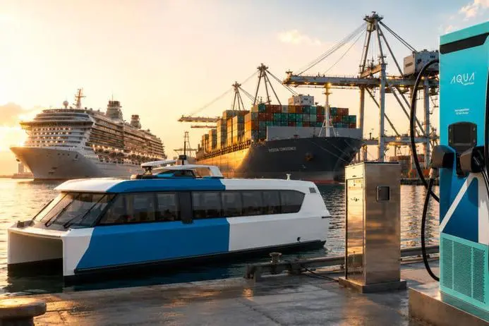 An AI assisted image of an Aqua superPower charge station on the quayside