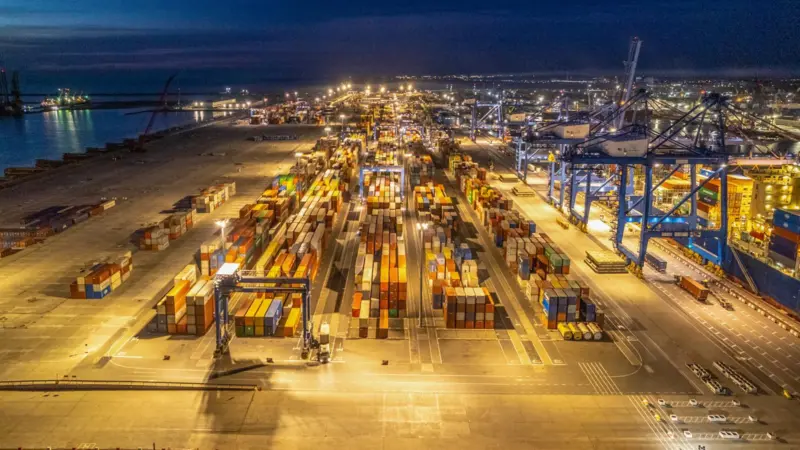 A shot of the Constanța South Container Terminal by night