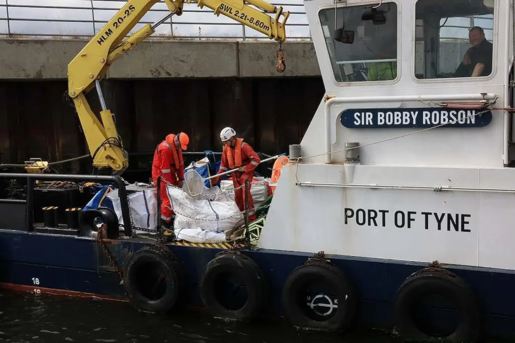 A  view of the pellets being collected and loaded onboard port vessels