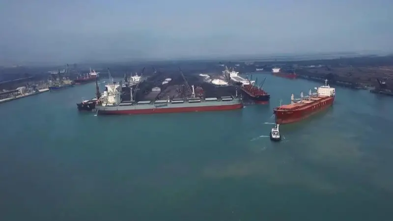 A wide angle shot of Paradip's busy port channel