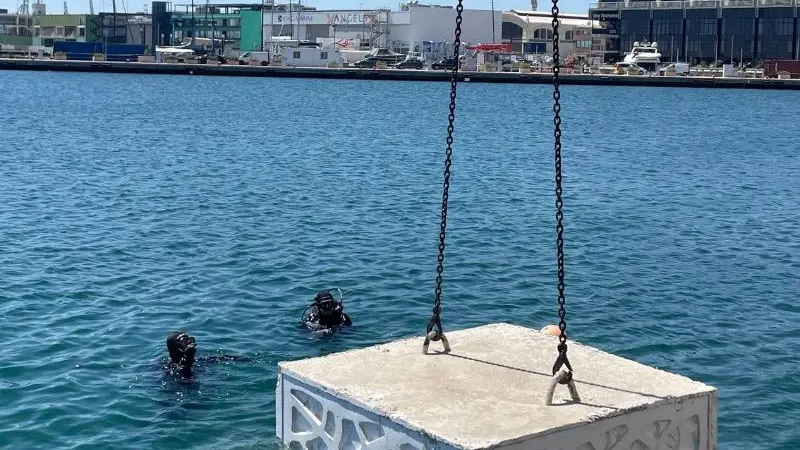 An ECOncrete block being installed at Marina Port Valencia