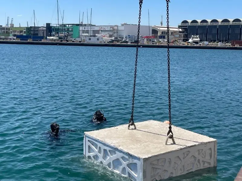 An ECOncrete block being installed at Marina Port Valencia