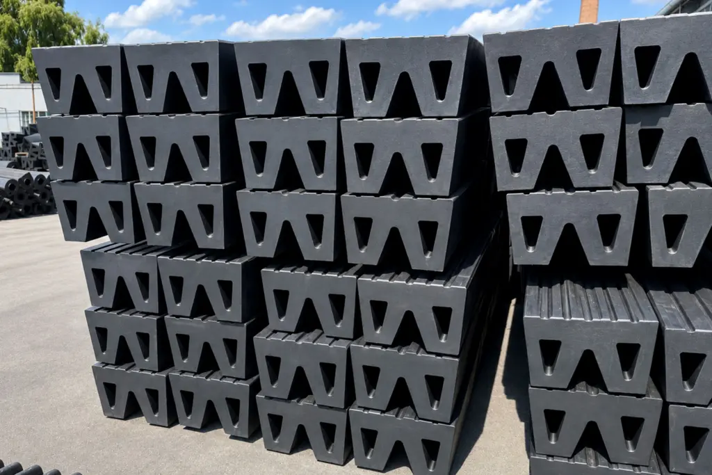 Piles of fenders made from recycled rubber