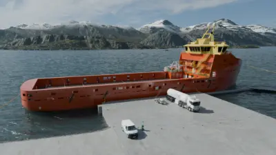Azane truck dockside with ammonia fuelling ship