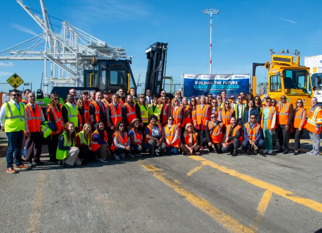 Workers at the Port of Oakland at a kick-off meeting for infrastructure upgrades to enable zero-emission operating
