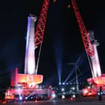 two konecranes mobile harbour cranes at the Port of Antwerp, picture taken at night