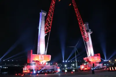 two konecranes mobile harbour cranes at the Port of Antwerp, picture taken at night